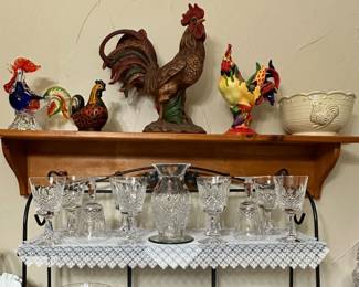Rooster Collection and Waterford Crystal Goblets, Vase, and Footed Compotes...