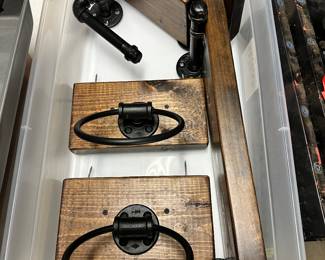 Pair of Hand Towel Ring Holders with Espresso Floating Shelves, 2 Farmhouse Decor, Pipe Industrial Rustic Wall Shelves, and TP Holder/Shelf