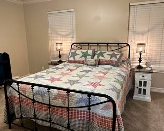 Queen Metal Bed, pair of Night Stands/End Tables and Fun Lamps
