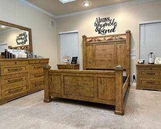 Bedroom Set: Queen Bed (with optional Serta Adjustable Bed Base) Double Dresser (8 Drawers) and Landscape Mirror, 2 Triple Drawer Night Stands, and 6 Drawer Chest.