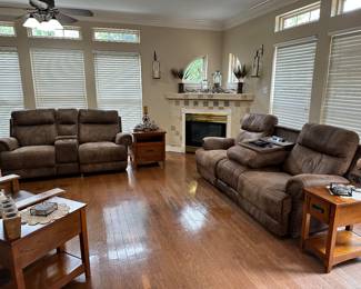 Double Reclining, Leather Sofa and Love-Seat with built in Storage... Great Oak End Tables