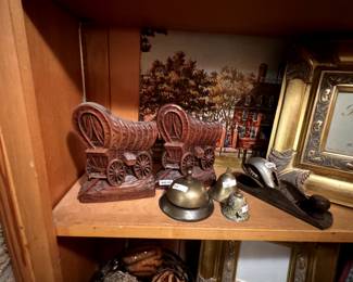 Covered wagon bookends, frames, bells