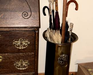 Brass umbrella stand, vintage umbrellas