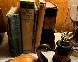 Vintage books, ducks and miniature lamps