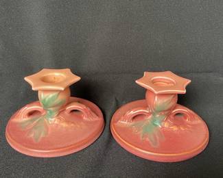 Pair of Vintage Roseville Bleeding Heart Short Candlestick
