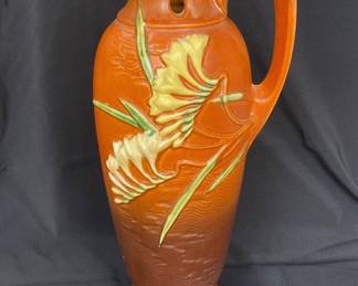 Vintage Roseville U.S.A Tall Brown Freesia Urn Handle Vase
