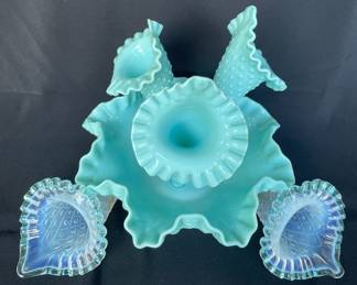 Likely Fenton Vintage Hobnail Turquoise Epergne * Fenton Diamond Lace Blue Epergnes
