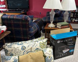 Custom pillows that match draperies and crystal lamps