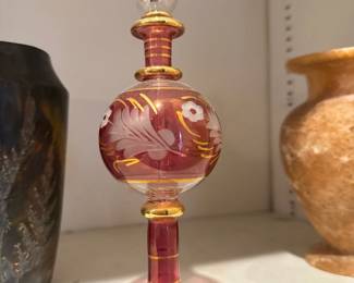 Cranberry and Gold Hand Blown Egyptian Etched Glass Perfume Bottle