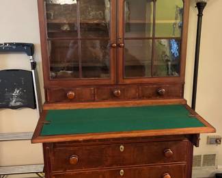 antique American Federal Flame Mahogany Secretary Writing Desk Bookcase