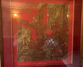 Vintage Ravana Figures Thailand - Silk Red Painting Ramayana