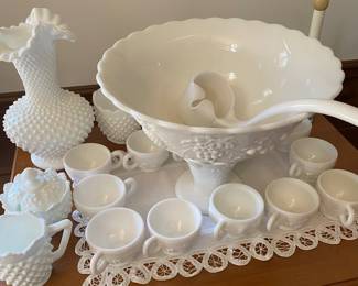 Westmoreland punch bowl set and Fenton vases 