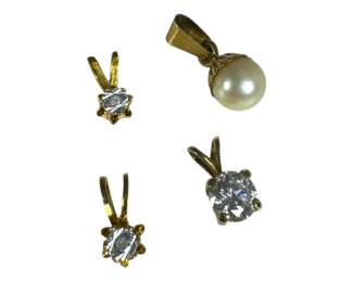 18kt Yellow Gold Pearl Pendant 14kt Yellow Gold CZ Pendant and 2 Gold Tone Diamond Pendants