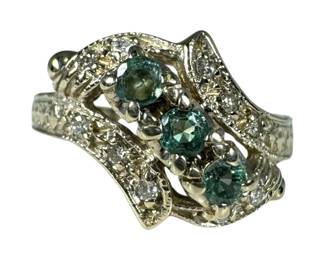 14kt White Gold Lab Green Spinel and Diamond Bypass Ring 4pt2 Grams