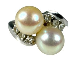 14kt White Gold Double Pearl and Diamond Bypass Ring 3pt6 Grams