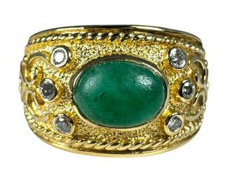 14kt Yellow Gold Emerald and Diamond Scroll Ring 6pt7 Grams