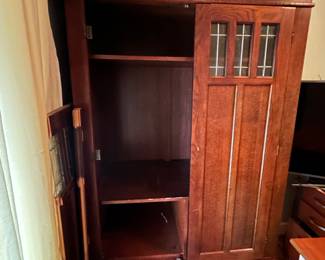 Oak missio style media cabinet, armoire. One door needs repair 