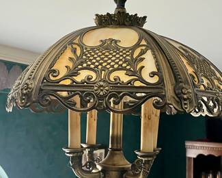 Fabulous Arts & Crafts brass canopy chandelier with slag glass.