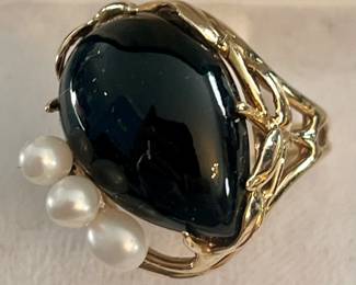 Huge onyx and pearl cocktail ring