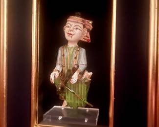 Antique carved wooden Burmese musician beautifully framed