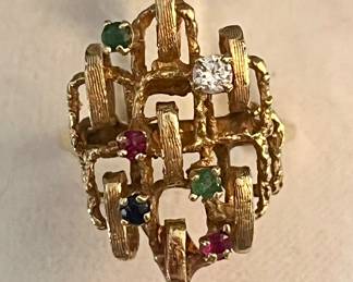 Brutalist gem set ring in 14k