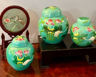 Beautiful Vintage Chinese Ginger Jars by Wang Bing Rong!  Crane and Water Lily Decorated.  Circa 1920-30!
