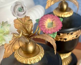 French tole urns with porcelain florets