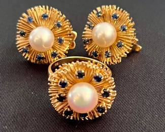1940s sapphire earrings and ring with pearls in 14k