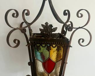 Large Iron Lantern French, Napoleon III Black with Stained Glass Panels, circa 1910
