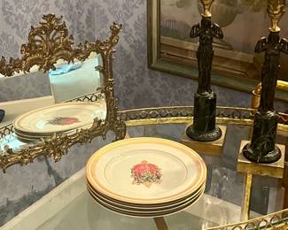 Stunning early 19th C French nude candlesticks in black marble and onyx!
Also a 19th C gilt bronze vanity mirror…Louis Philippe 