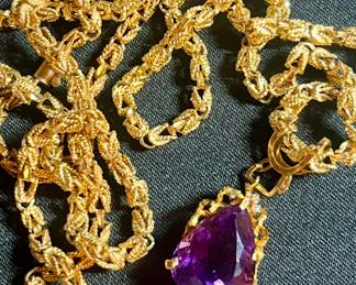 Massive 1960s gold chain and stunning pear shaped amethyst 
