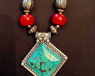 Turquoise and coral necklace in sterling