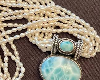 Baroque pearls and larimar choker