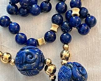 The most luscious, long gold bead and lapis necklace 
