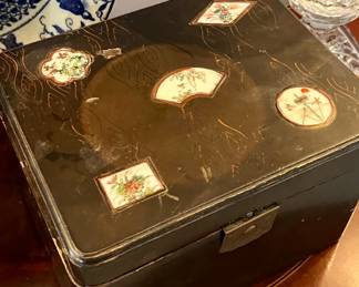 Fabulous elm wood and porcelain inlay tea caddy circa 1800