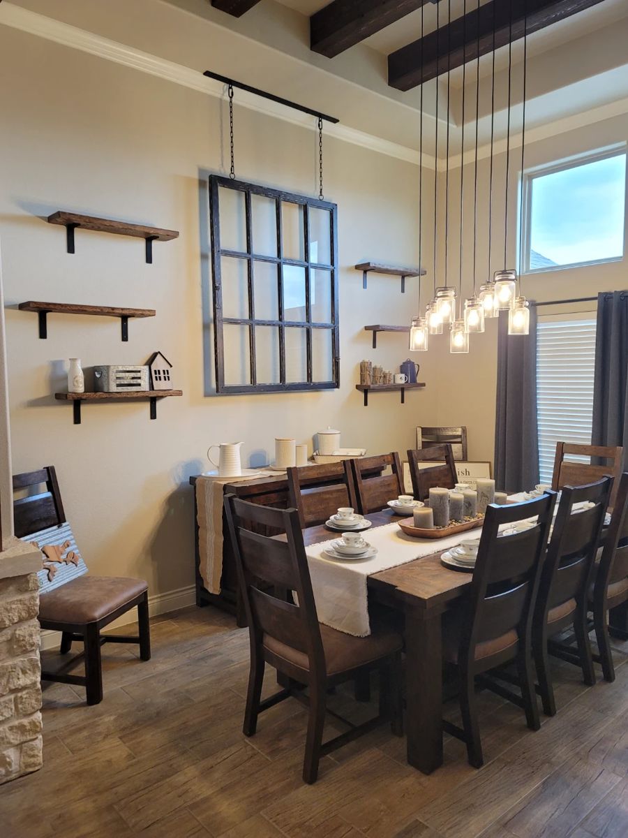 Riversedge Dining Table w/8 Chairs & 2 Leafs, Riversedge Buffett, 6 Floating Shelves, Hanging 12 Payne Window