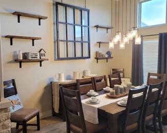 Riversedge Dining Table w/8 Chairs & 2 Leafs, Riversedge Buffett, 6 Floating Shelves, Hanging 12 Payne Window