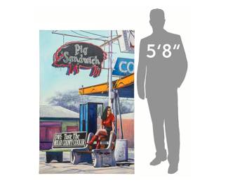 Gilbert Duran (San Antonio, Texas, 1947-2023) view of the iconic San Antonio Pig Sandwich shop, oil on canvas