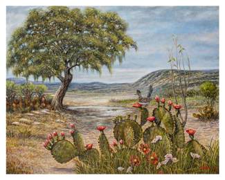 Gilbert Duran (San Antonio, Texas, 1947-2023), landscape scene of roadrunner in cactus, 2020, oil on canvas
sight: 48 x 60 in., frame: 53 x 70 in.