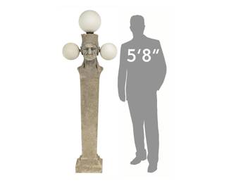 Gilbert Duran (San Antonio, Texas, 1947-2023), First Inhabitant street lamp, epoxy concrete with styrofoam globe lights, originally by Waldine Amanda Tauch and discovered by Duran in a San Antonio thrift shop, these sculptural plinths would have flanked the public drinking water sculpture "The First Inhabitant", installed in 1915 which still stands today on the Commerce St. Bridge between Casa Rio and the Torch of Friendship.