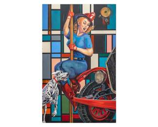 Gilbert Duran, vintage style firefighter pinup with dalmatian and Mondrianinspired background, 2017, oil on canvas