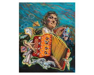 Gilbert Duran (San Antonio, Texas, 1947-2023), "Dali Gas" (depicting famed accordion player Flaco Jiménez), 2015, oil on canvas