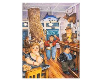 Gilbert Duran (San Antonio, Texas, 1947-2023), interior scene at Josephine Street restaurant, 2007, inspired by Fernando Botero (Columbia, 1932-2023), oil on canvas