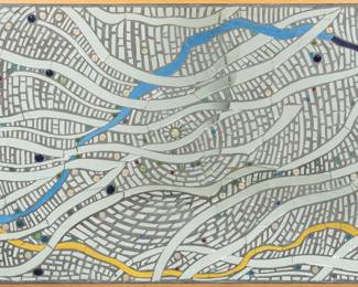 Gilbert Duran (San Antonio, Texas, 1947-2023), 7 foot wide rectangular mosaic with cut mirror pieces, blue and yellow glass pieces, and glass marbles, 2003, wooden frame, height 50 in. x width 86 in. x depth 2 in.