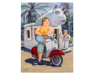 Gilbert Duran (San Antonio, Texas, 1947-2023), Vespa at the Pig Stand, from Duran's "Sabor Botero" series, 2007, oil on canvas

size: 48 x 60 in.