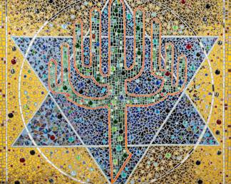 Gilbert Duran (San Antonio, Texas, 1947-2023), "Saguaro Menorah", large mosaic inspired by Kristallnacht and creating beauty from shards of glass
size: 66 in.