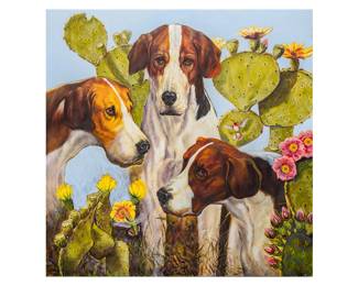 Gilbert Duran (San Antonio, Texas, 1947-2023) dogs in cactus, oil on canvas
