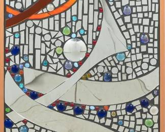 Gilbert Duran (San Antonio, Texas, 1947-2023), 7 foot tall rectangular mosaic with cut mirror pieces, and glass marbles, wooden frame, height 86 in. x width 26 in. x depth 1.5 in.