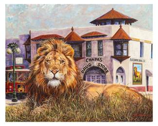 Gilbert Duran (San Antonio, Texas, 1947-2023), lion in repose in front of the Chapa family owned La Botica del Leon (the Lion Drugstore), later known as the Chapa Drug Store (San Antonio, Texas,1894-1970), 2000, oil on panel

size: 48 x 60 in