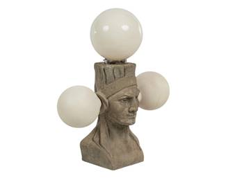 Gilbert Duran (San Antonio, Texas, 1947-2023), First Inhabitant street lamp head, with three real globe lights, originally by Waldine Amanda Tauch and discovered by Duran in a San Antonio thrift shop, cast by Duran using his custom-made mold, "First Inhabitant" bust